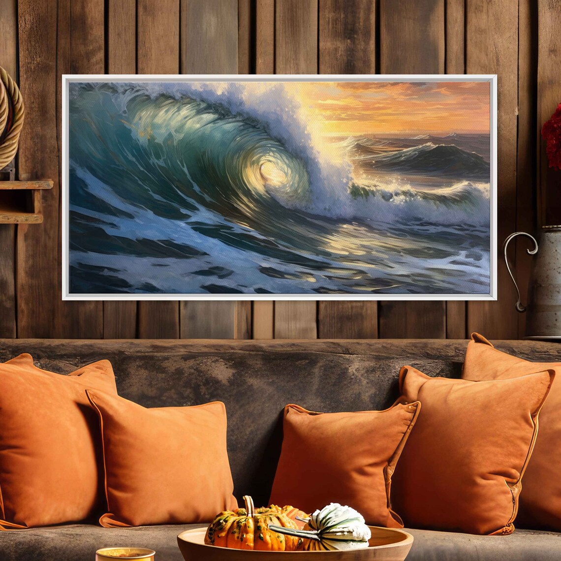 Powerful Ocean Wave Barrel Sunset Dramatic Seascape Surf Painting Poster - Image 3