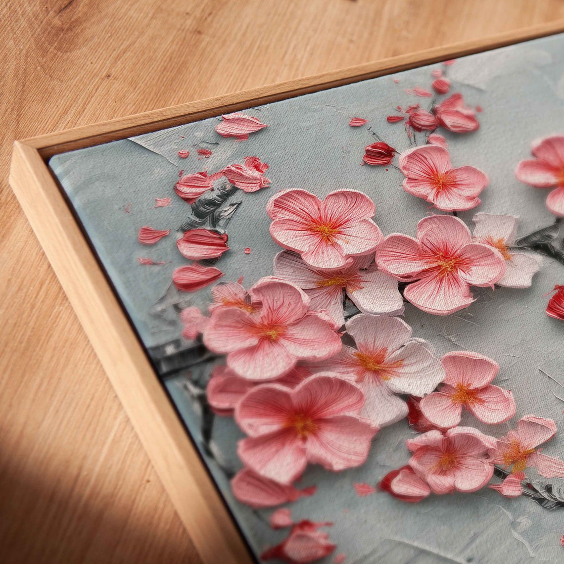 Pink Cherry Blossom Branch Impasto Floral Painting Art Print - Image 2