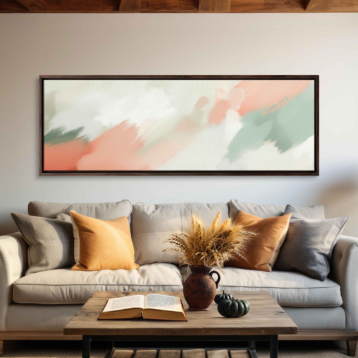 Coral Sage Green Diagonal Washes Wide Pastel Abstract Painting Poster - Image 3