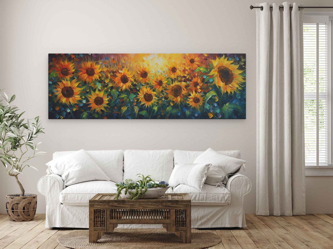 Sunflower Field At Sunset Panoramic Palette Knife Art Poster - Image 4