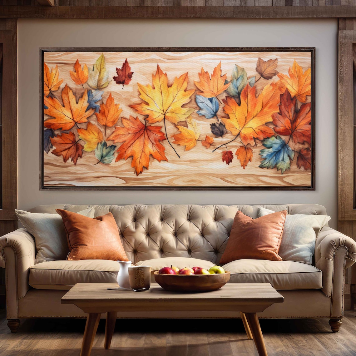 Watercolor Autumn Maple Leaves On Wood Grain Background Art Print