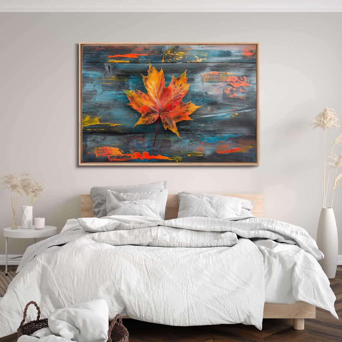 Single Maple Leaf On Blue Grey Painted Wood Fall Decor Art Poster - Image 3