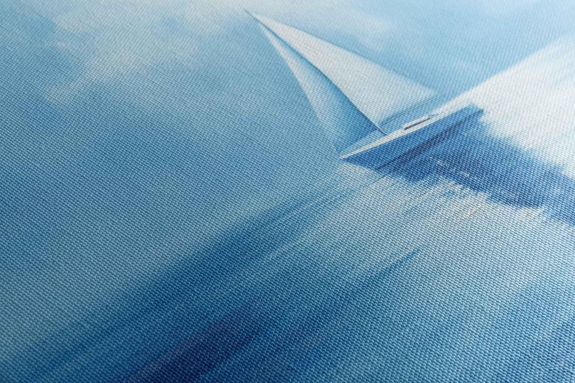 Lone Sailboat Misty Blue Ocean Calm Waters Minimalist Wall Poster - Image 2