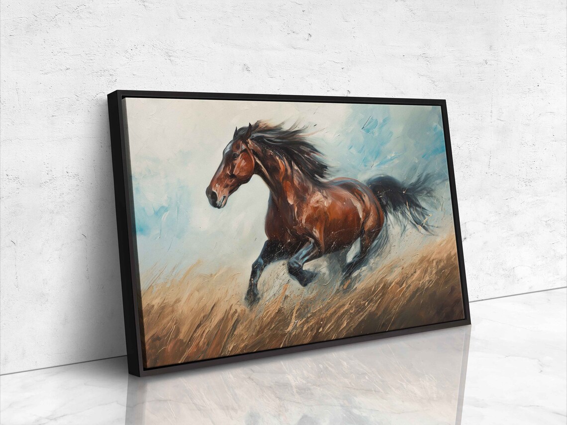 Brown Horse Galloping Golden Wheat Field Prairie Oil Painting Print - Image 4