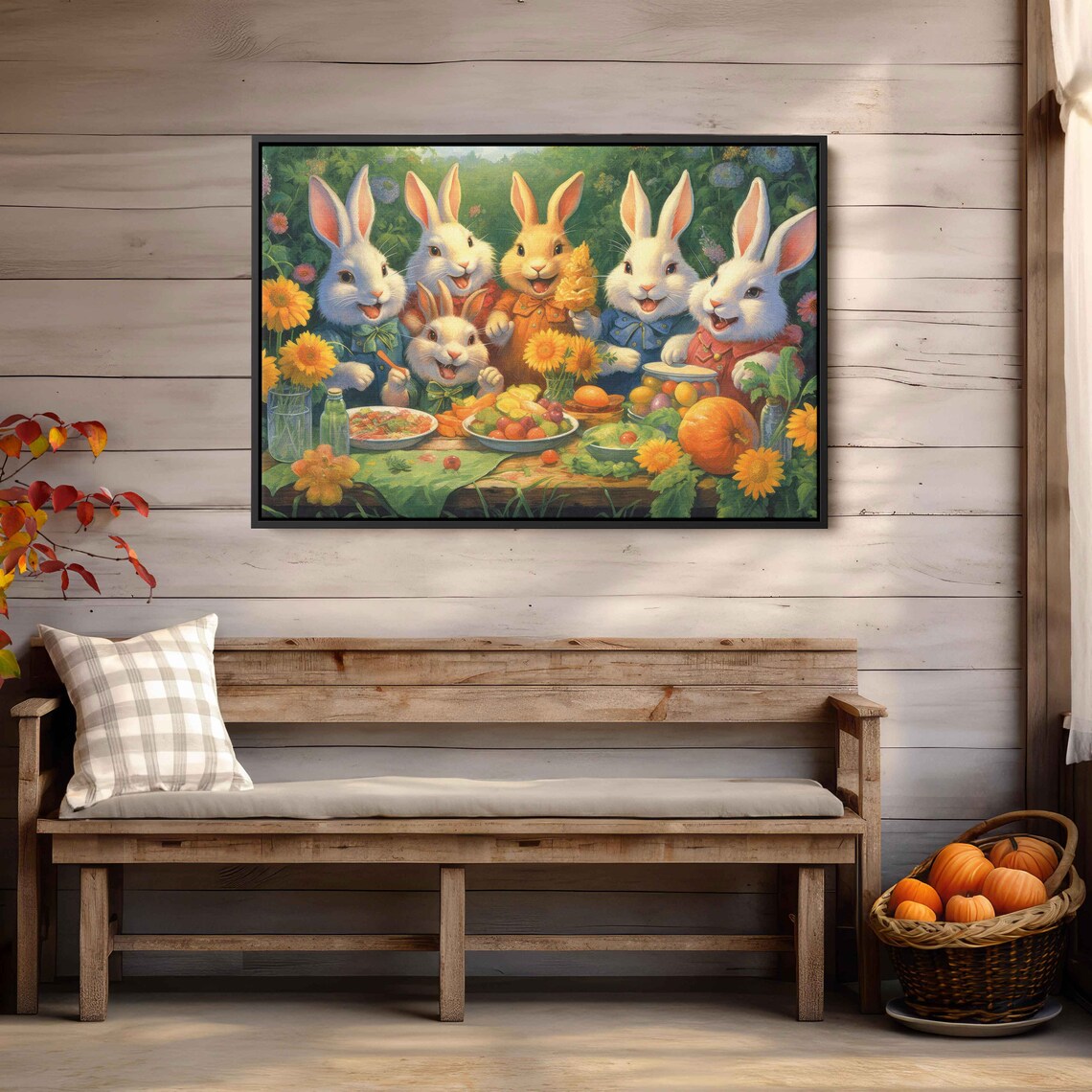 Whimsical Bunny Family Picnic Sunflowers Fruit Garden Painting Art Poster - Image 3