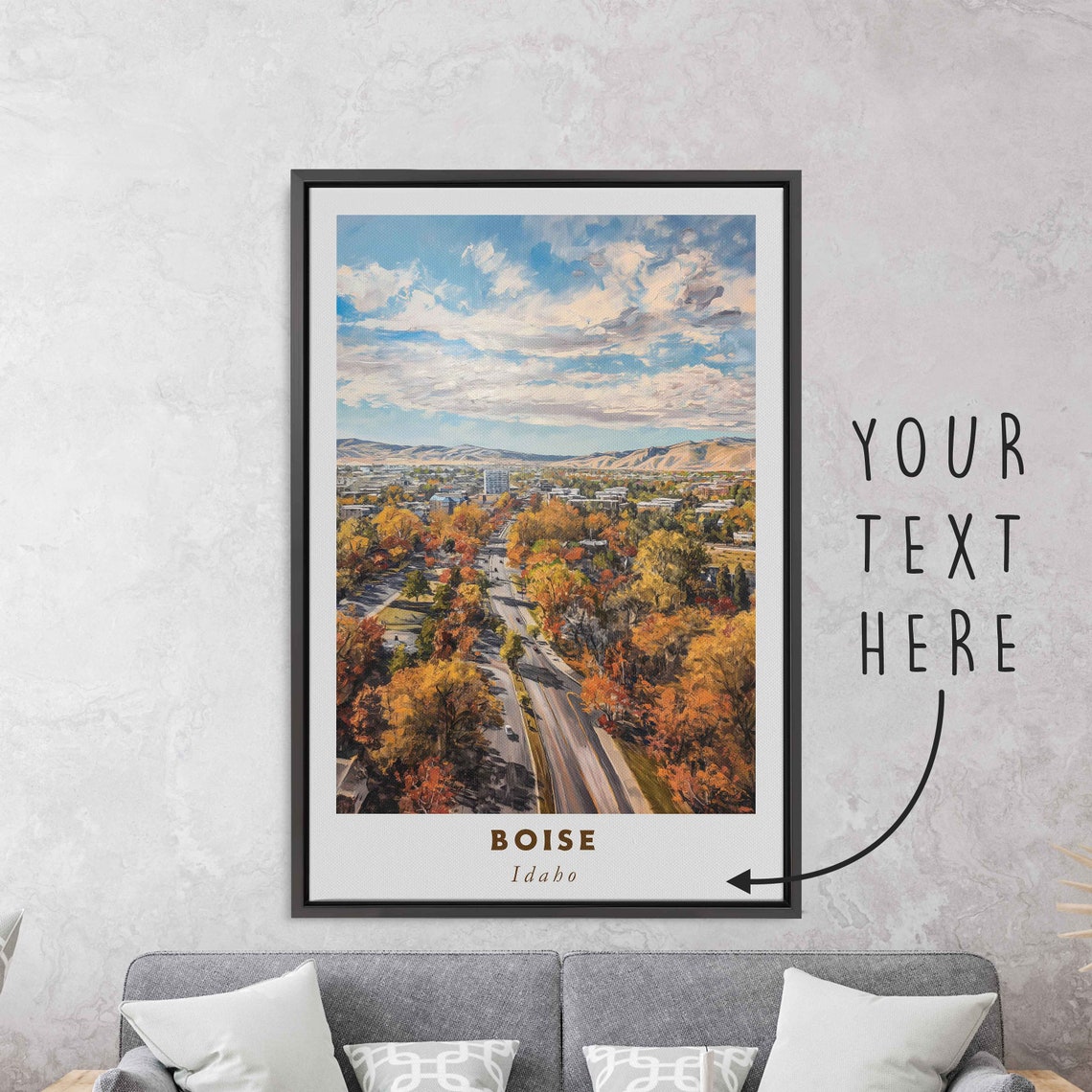 Boise Idaho Fall Foliage Street with Mountain Backdrop Travel Poster