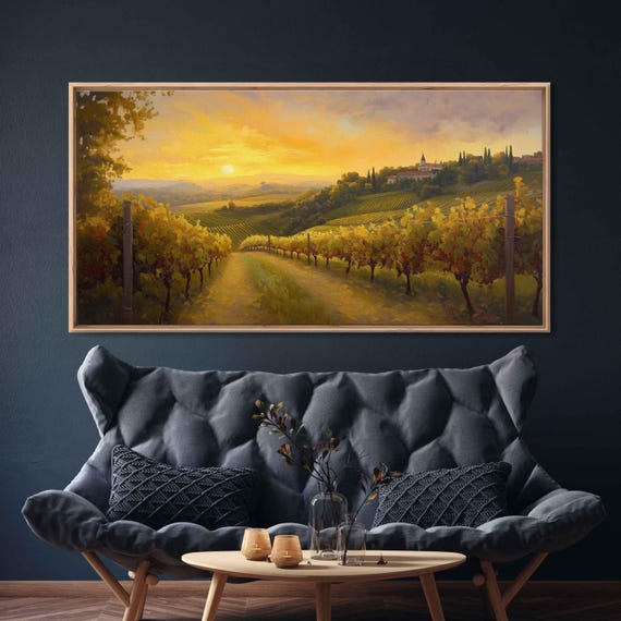 Idyllic Vineyard On A Hillside Wall Art Print Golden Sunset Lush Grape Vines Scenic Landscape