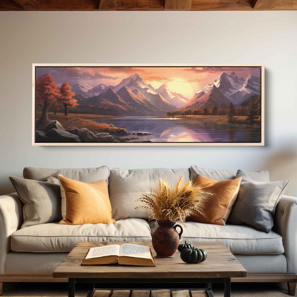 Sunset With Winding River And Mountains Art Print