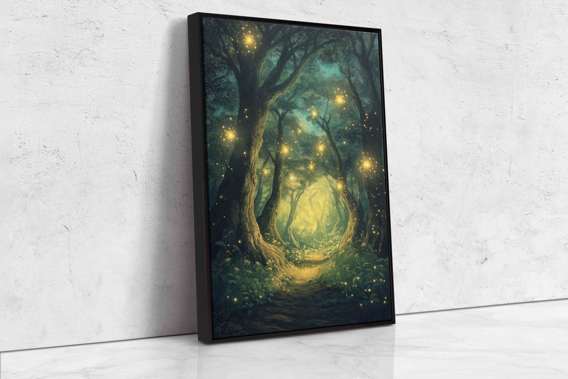 Magical Forest Glade Engulfed With Fireflies Oil Wall Art Print Fantasy Nature Art Enchanted Trees Ready To Hang - Image 4