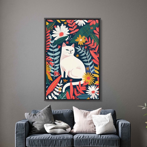 Cat With Colorful Flowers Wall Art Print Matisse Style Painting Simple Floral Gift For Cat Lover Ready To Hang