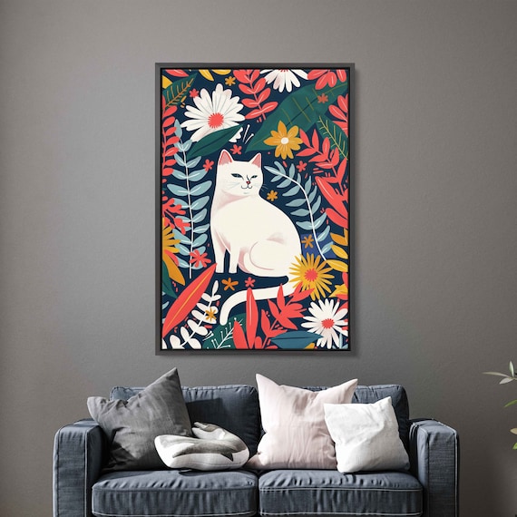 White Cat Colorful Tropical Floral Garden Cheerful Modern Art Poster
