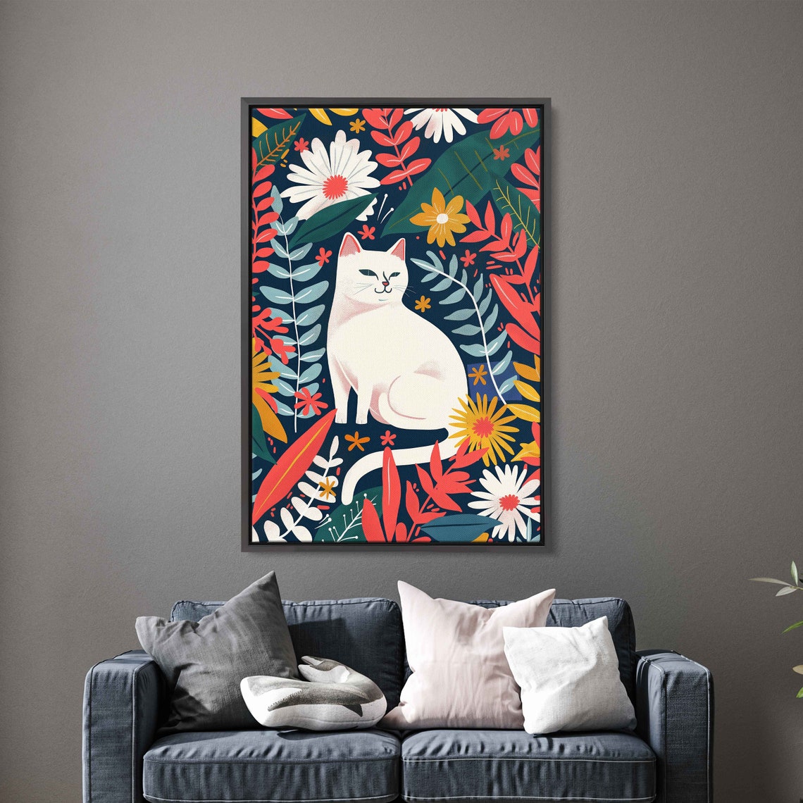White Cat Colorful Tropical Floral Garden Cheerful Modern Art Poster