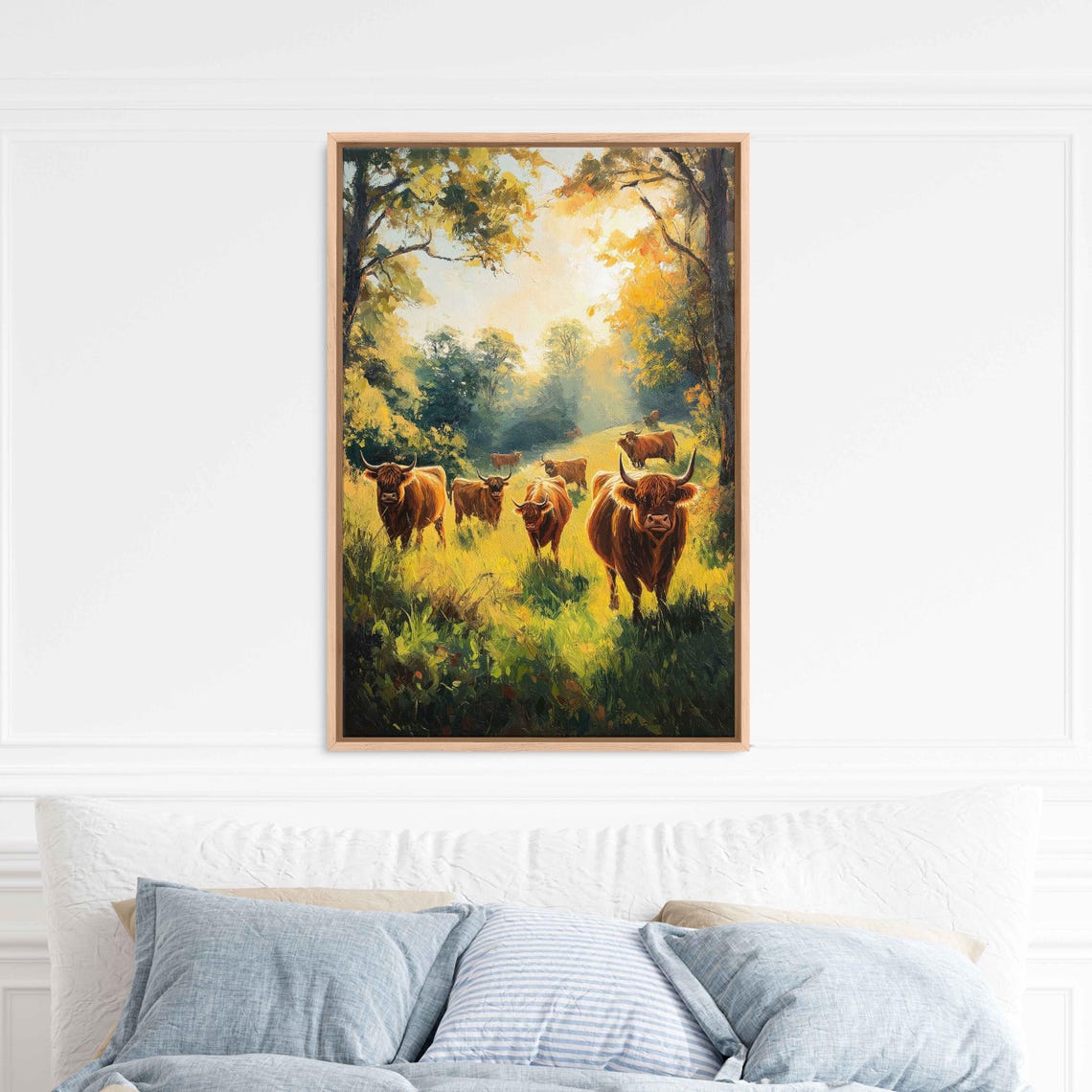 Highland Cattle Herd Sunlit Meadow Rustic Farm Painting Poster - Image 3