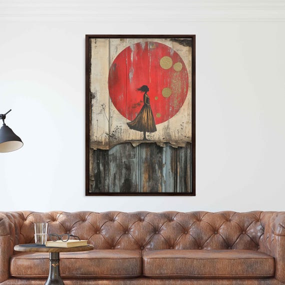 Surreal Dancing Water Droplets Wall Art Print Whimsical Red And Gold Design