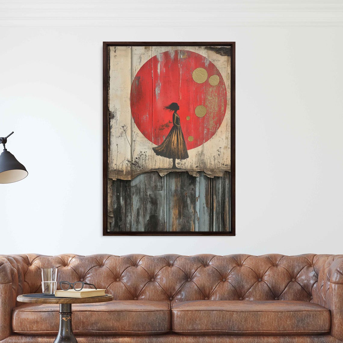 Surreal Dancing Water Droplets Wall Art Print Whimsical Red And Gold Design