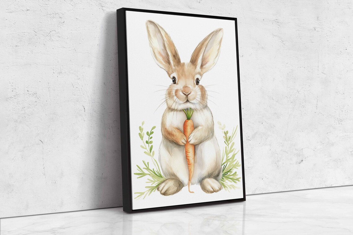 Adorable Tan Baby Bunny Holding Carrot With Green Leaves Watercolor Poster - Image 4