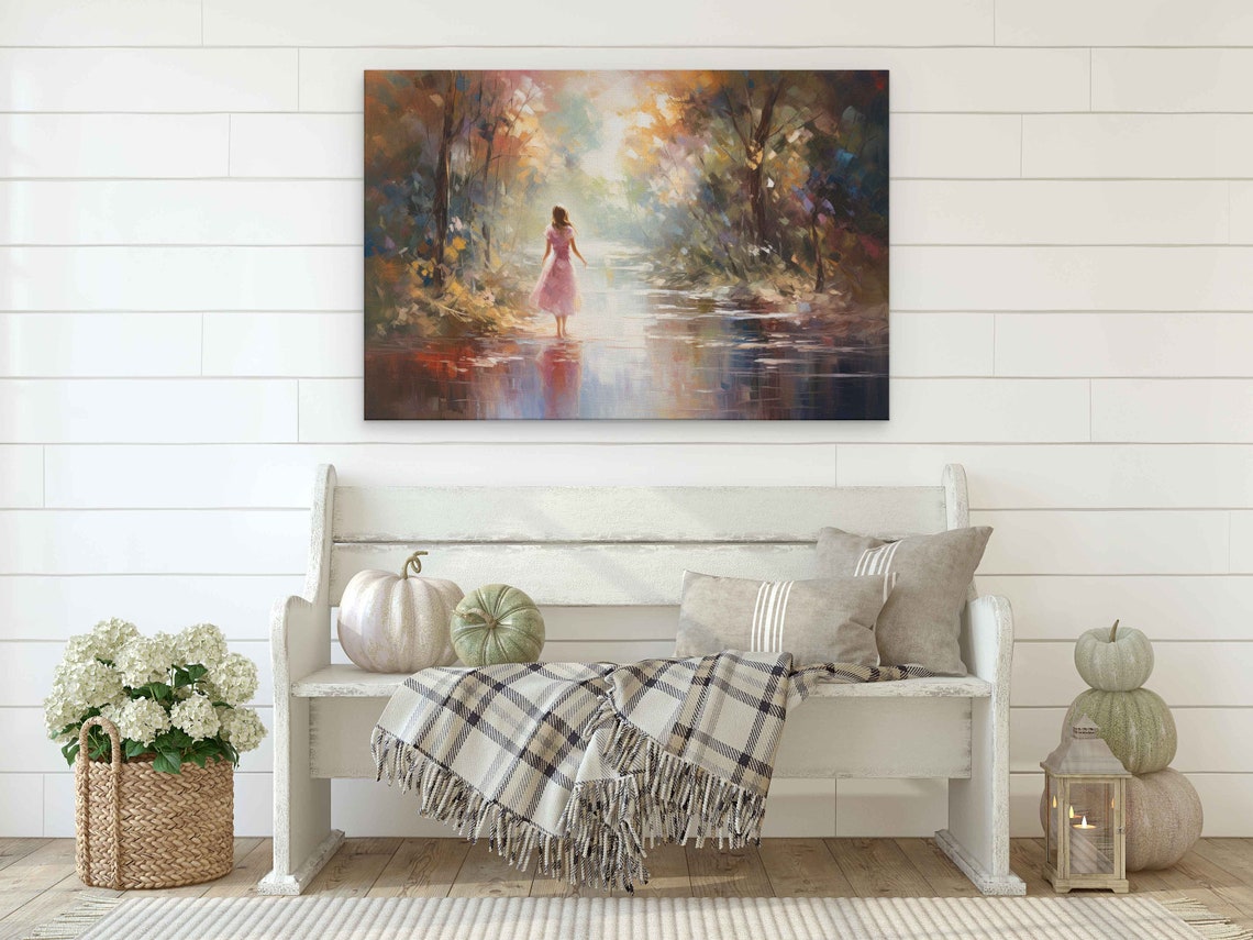 Girl in Pink Dress Walking Forest River Impressionist Art Poster - Image 2