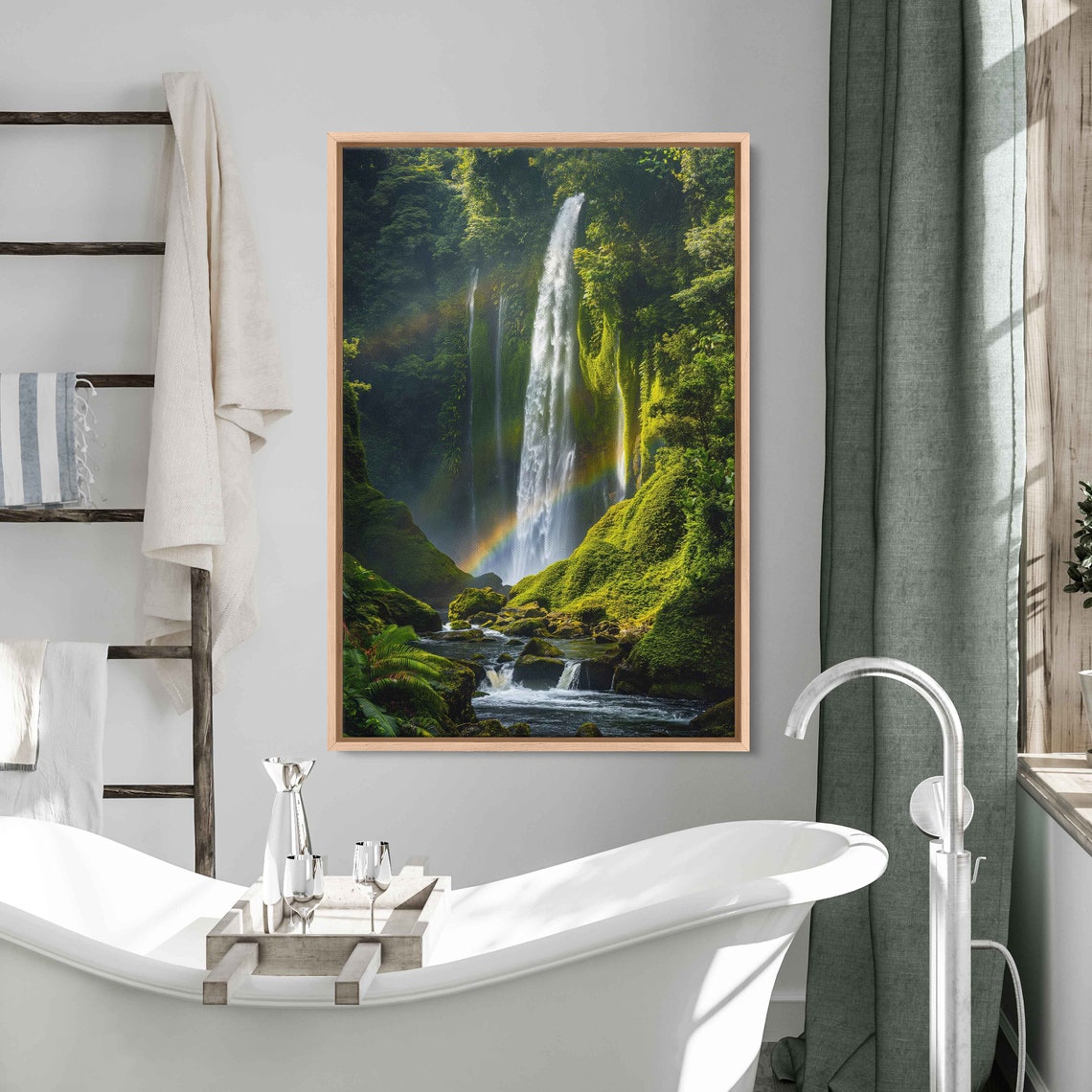 Waterfall Rainbow Cascading Down Moss Covered Rocks Wall Art Print Tropical Landscape Tranquil Art Ready To Hang