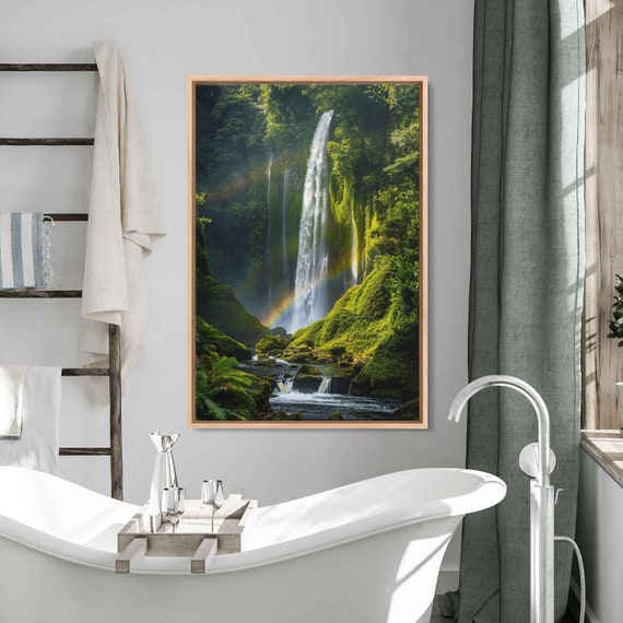 Waterfall Rainbow Cascading Down Moss Covered Rocks Wall Art Print Tropical Landscape Tranquil Art Ready To Hang