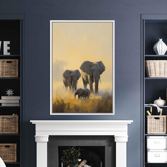 Elephant Family Golden Mist Dawn Painting Mother Calf Savannah Tranquil Wildlife Poster