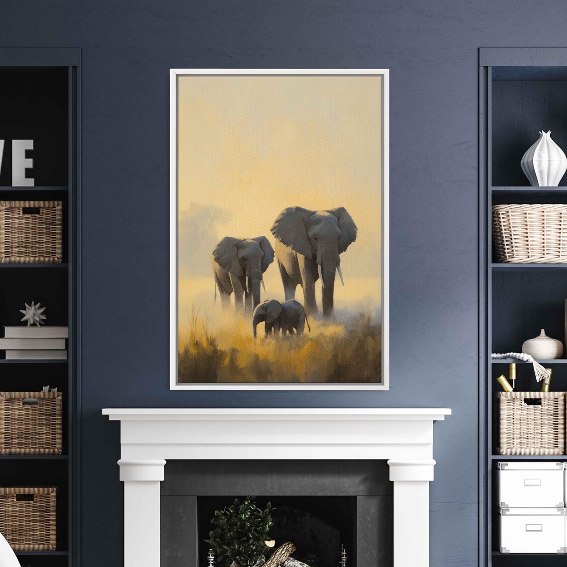 Elephant Family Golden Mist Dawn Painting Mother Calf Savannah Tranquil Wildlife Poster