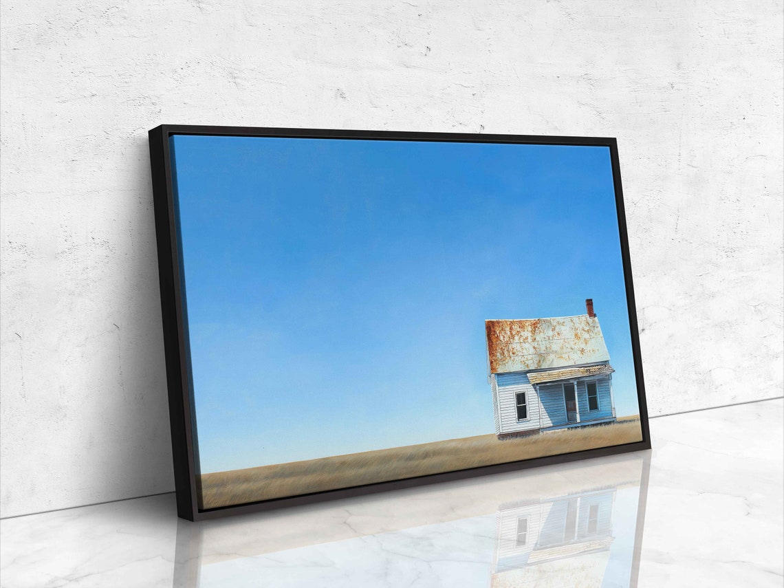 Minimalist Lone Farmhouse Vast Blue Sky Weathered White Cottage Art - Image 4