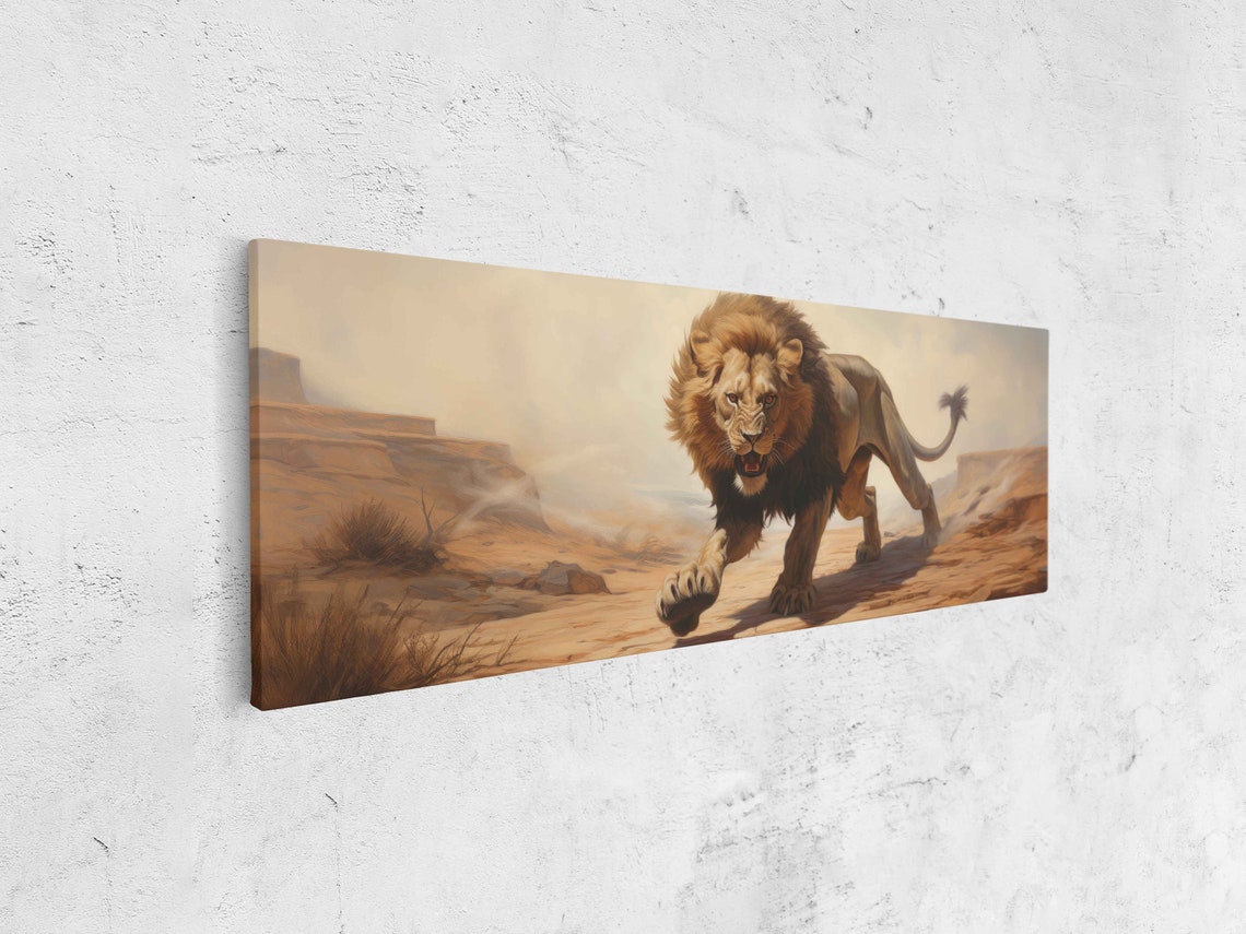 Ferocious Lion Charging Through Desert Dust Panoramic Wildlife Print - Image 4