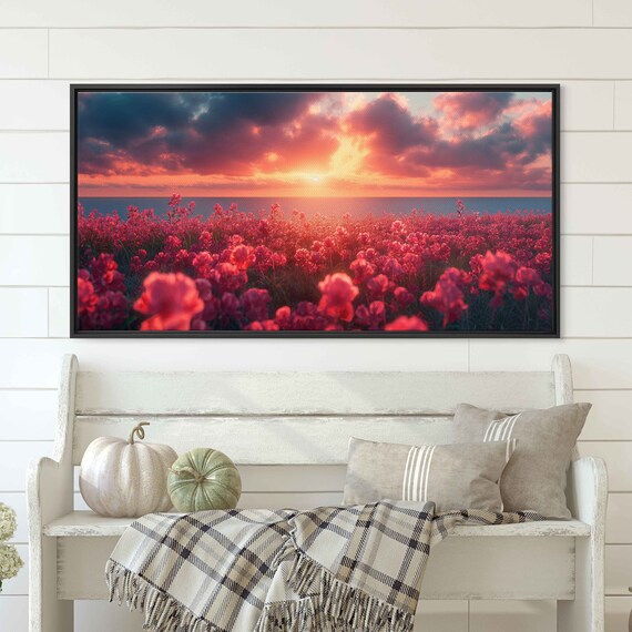 Pink Flower Field Sunset Ocean Horizon Dramatic Clouds Landscape Poster