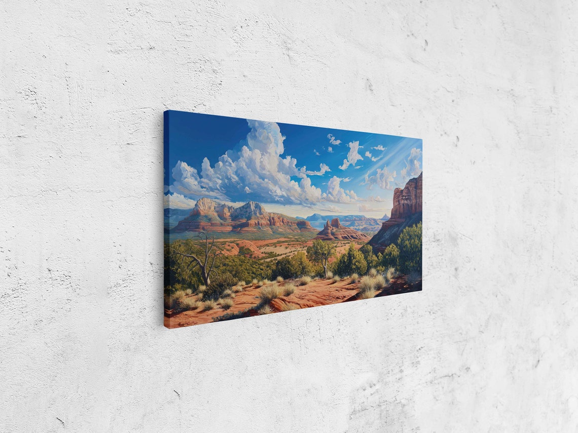 Sedona Arizona Red Rock Buttes Painting Cloudy Sky Panoramic Wall Art - Image 4