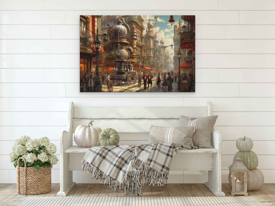 Steampunk City Streets, Vintage Cityscape Art Print - Image 2