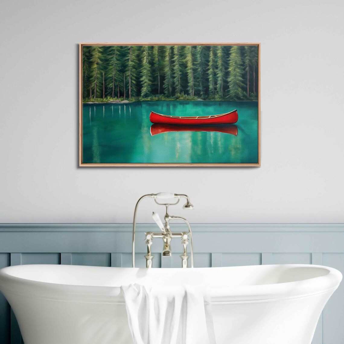 Red Canoe On Tranquil Emerald Lake Art Print
