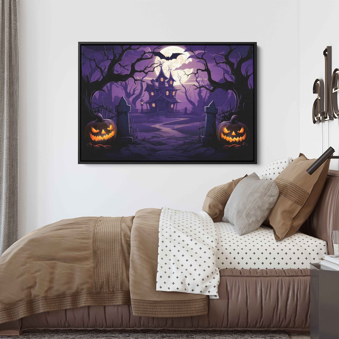Spooky Haunted House With Jack O Lanterns Purple Night Sky Poster - Image 3