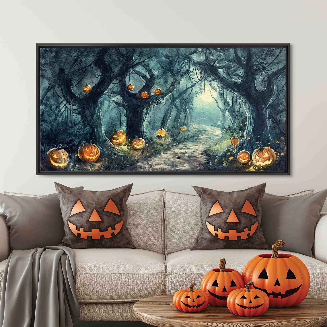 Spooky Moonlit Forest Jack O Lanterns Winding Night Trail Halloween Print