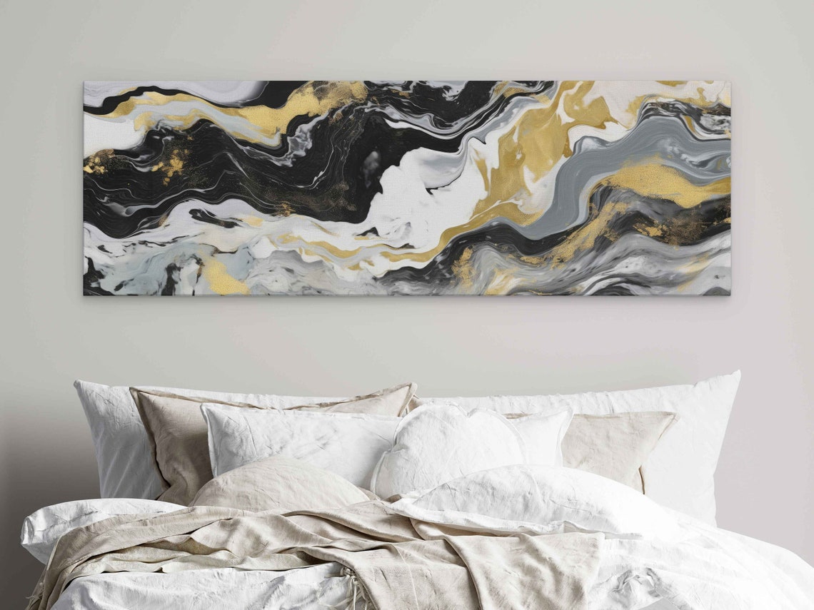 Black White Gold Marble Wave Panoramic Abstract Wall Art Poster - Image 4