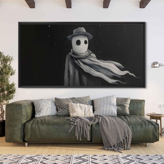Creepy Ghost In Hat And Scarf Floating In Dark Starry Night Space Poster