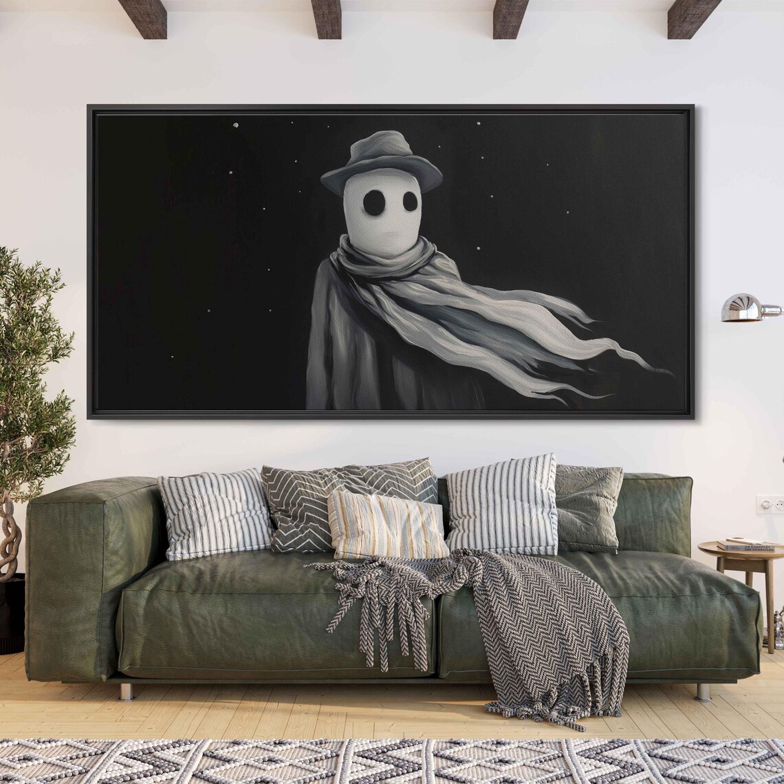 Creepy Ghost In Hat And Scarf Floating In Dark Starry Night Space Poster