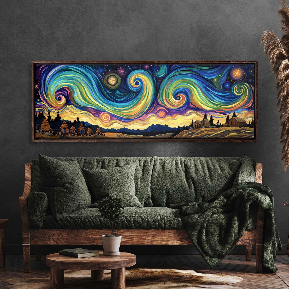 Psychedelic Rainbow Aurora Swirls Over Village Cabins Starry Night Poster
