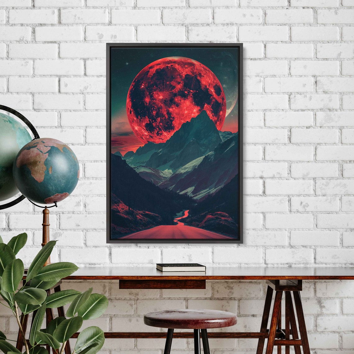 Giant Blood Red Moon Rising Over Dark Desert Mountain Road Poster