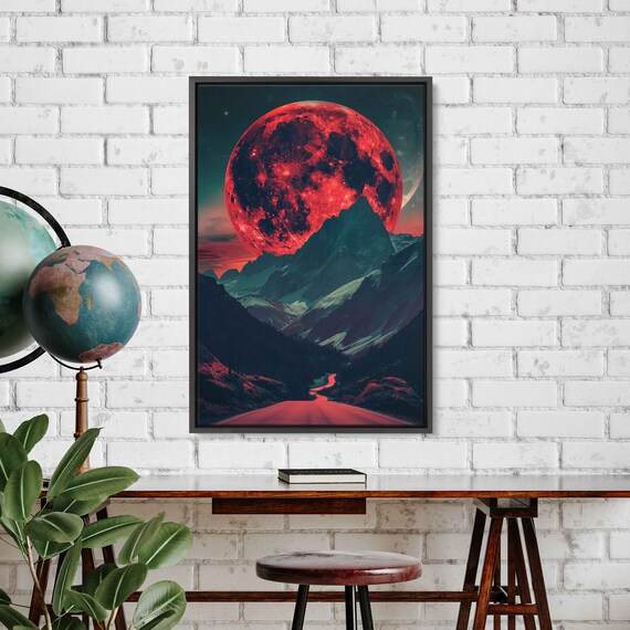 Giant Red Moon Over Desert Mountain Range On The Horizon Wall Art Print Lonely Winding Desert Road Ready To Hang