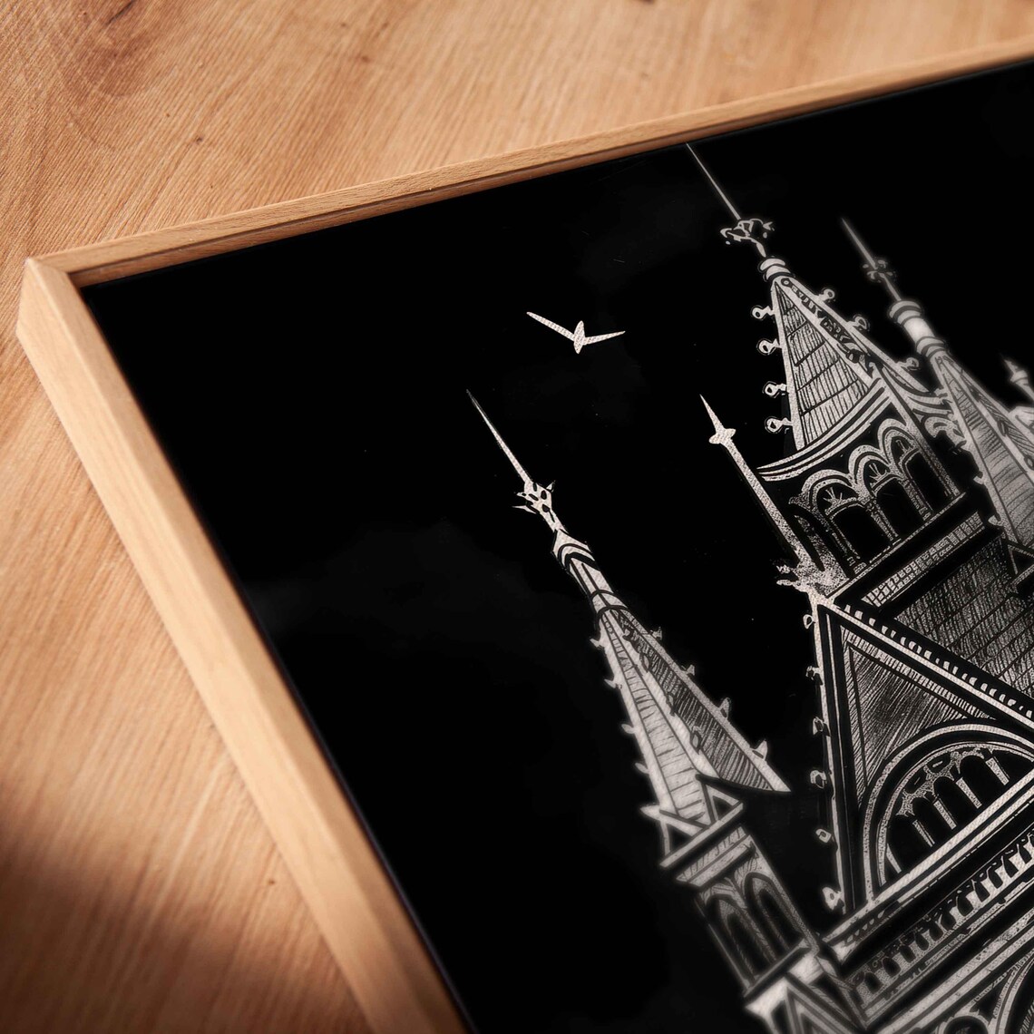 Old Eerie Gothic Clocktower In Foggy Night With Flying Bats Wall Poster - Image 2