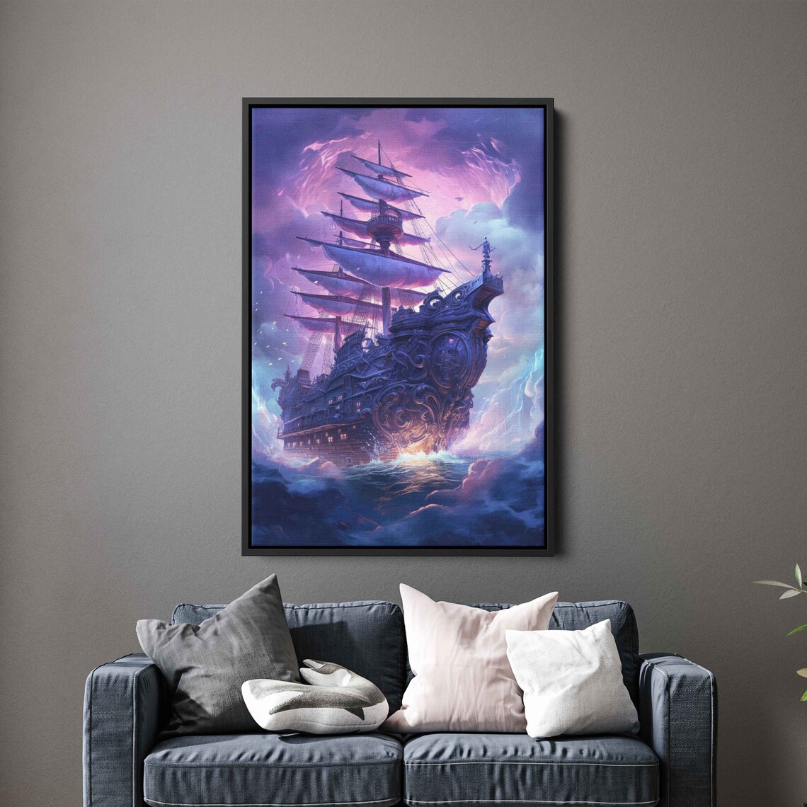 Ghostly Pirate Ship Tattered Sails Violet Storm Clouds Fantasy Ocean Poster