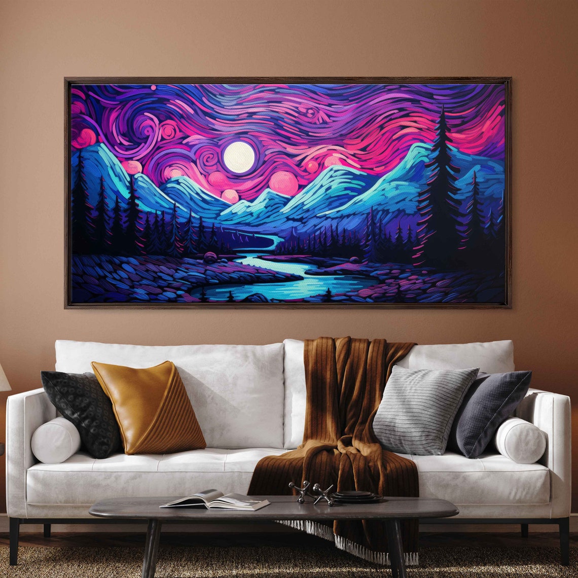 Starry Night Swirling Purple Sky Mountains Lake Impressionist Poster - Image 3
