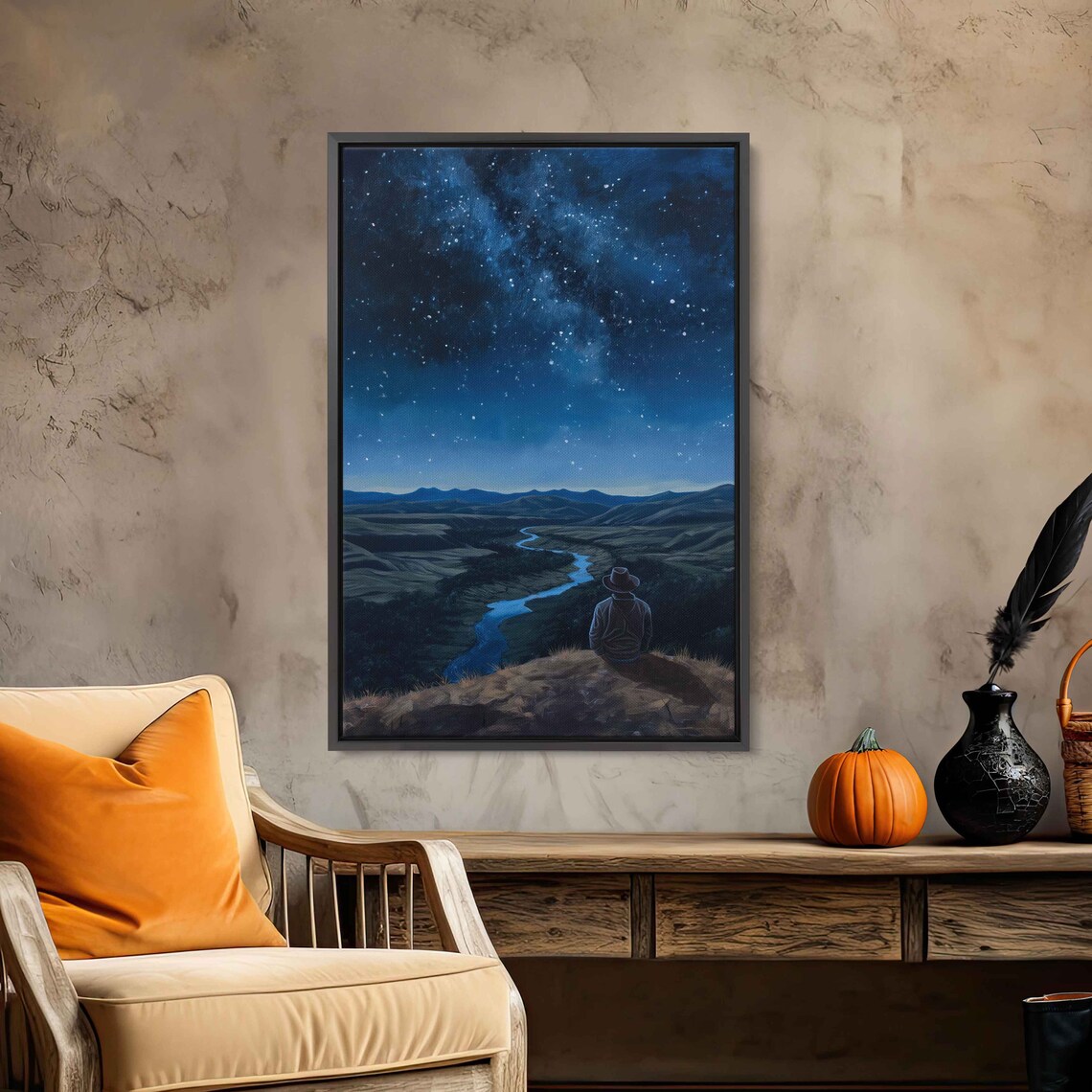 Cowboy Sitting On Cliff Star Filled Sky Mountain Range Peaceful River Wall Art Print Ready To Hang - Image 2