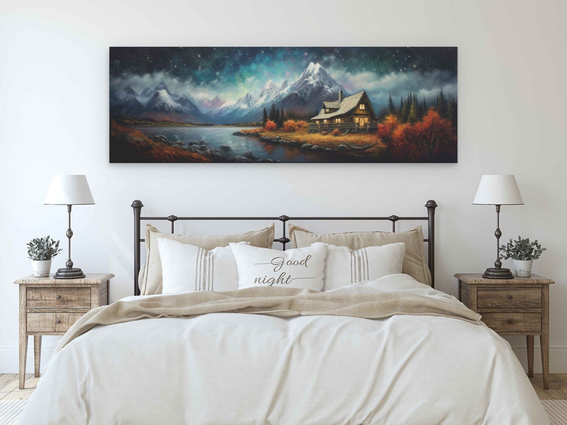 Log Cabin by Alpine Lake Starry Aurora Night Snowy Peaks Poster - Image 3