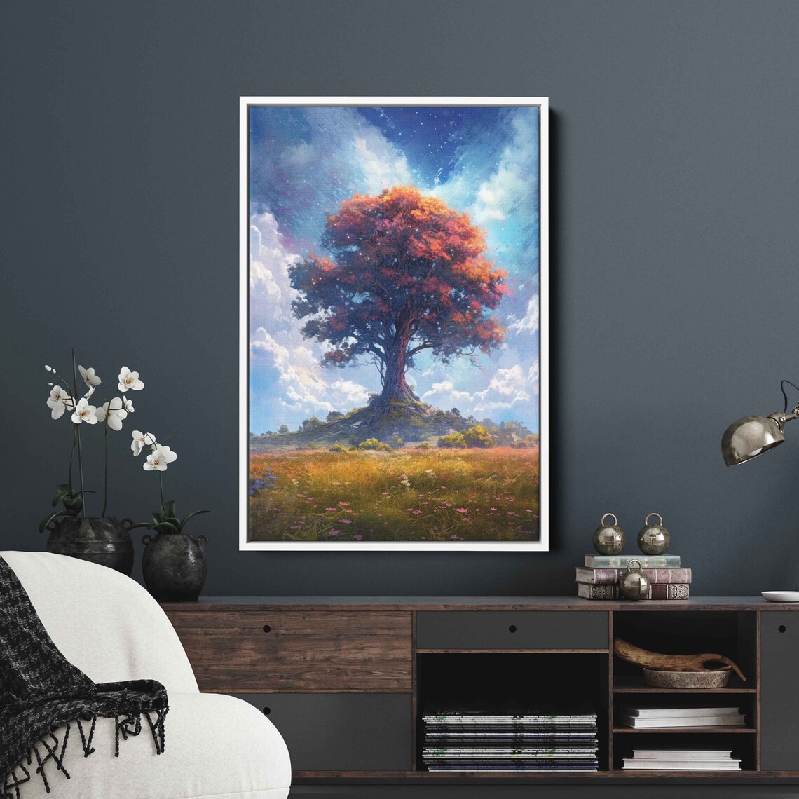 Colorful Ancient Tree In An Open Field Colorful Cloudy Skies Framed Print Ready To Hang - Image 2