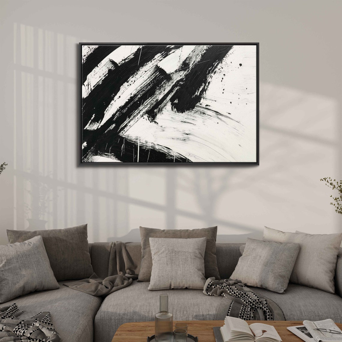 Black White Abstract Diagonal Brush Strokes Modern Monochrome Wall Art - Image 3