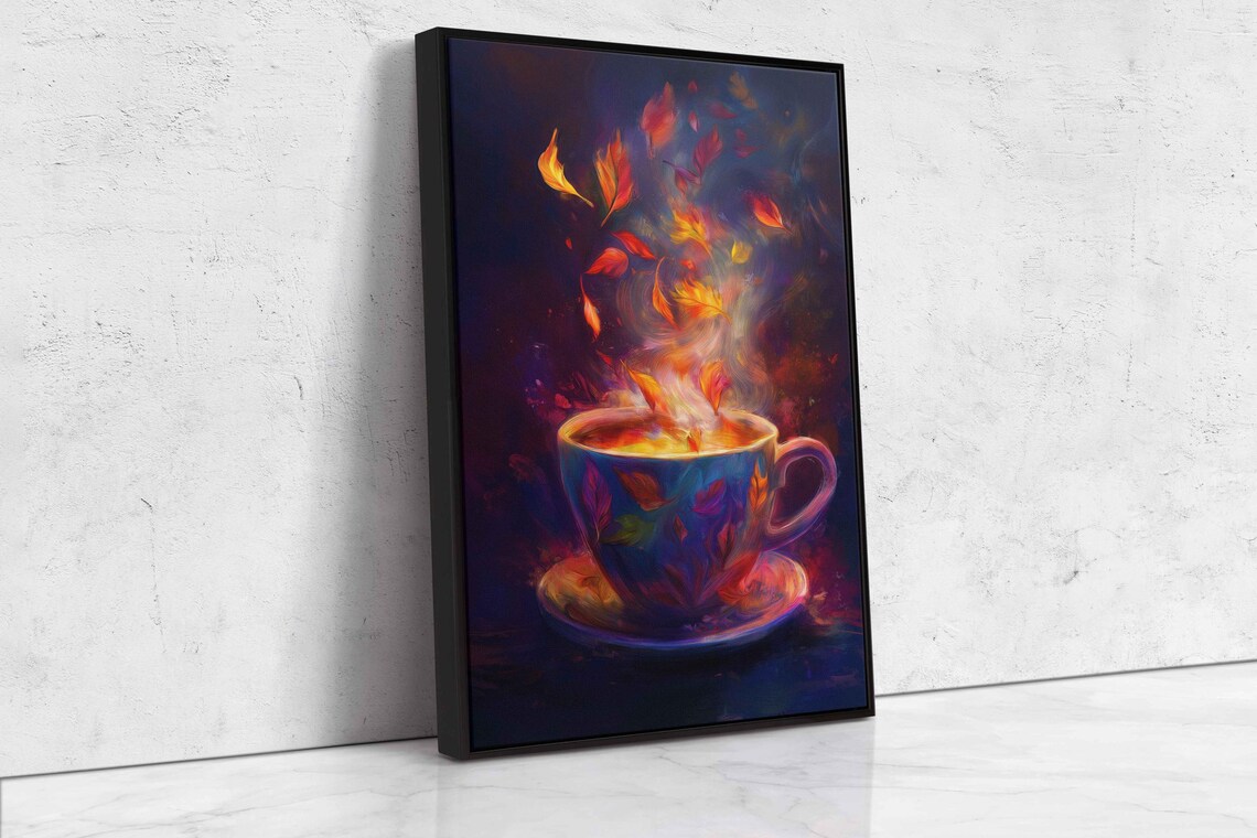 Magical Steaming Cup With Autumn Leaves Rising As Steam Dark Surreal Painting Poster - Image 4