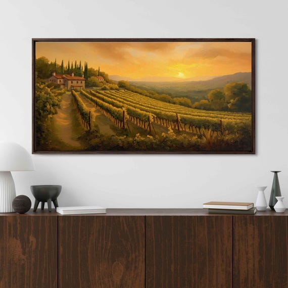 Idyllic Vineyard On A Hillside Wall Art Print Golden Sunset Grape Vines Countryside