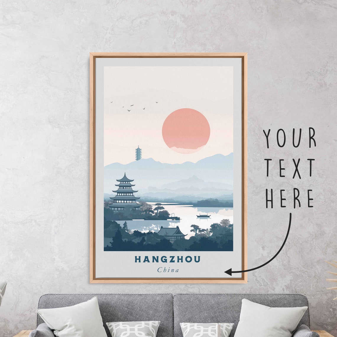 Hangzhou China Lake Pagoda Misty Mountains Minimalist Art Poster