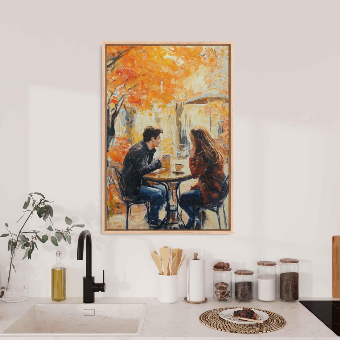 Couple Drinking Coffee At Outdoor Cafe In Autumn Leaves Art Poster